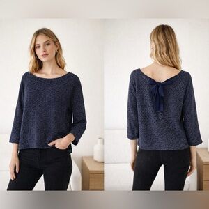 NAF NAF Navy Speckled Knit Top Bow Back Size M